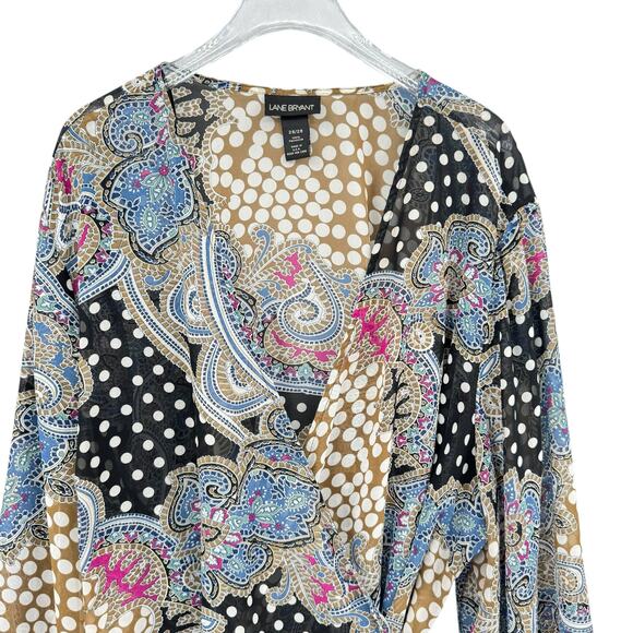 Lane Bryant Mixed Print Sheer Chiffon Long Split Bell Kimono Sleeve Wrap Blouse - Picture 3 of 8